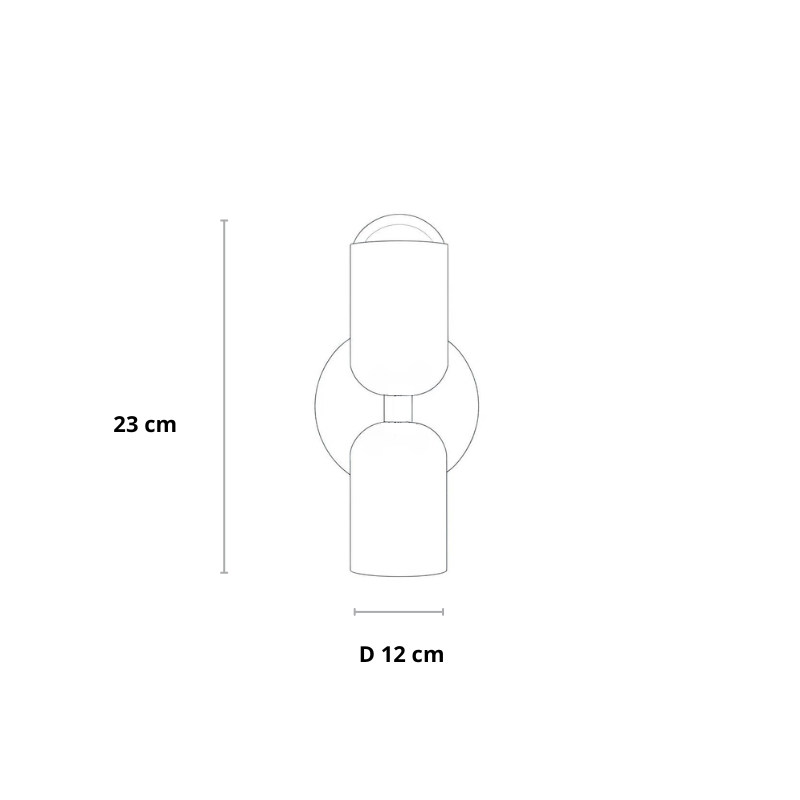 Lijntekening van de wandlamp met maataanduiding van de hoogte en de diameter. 23