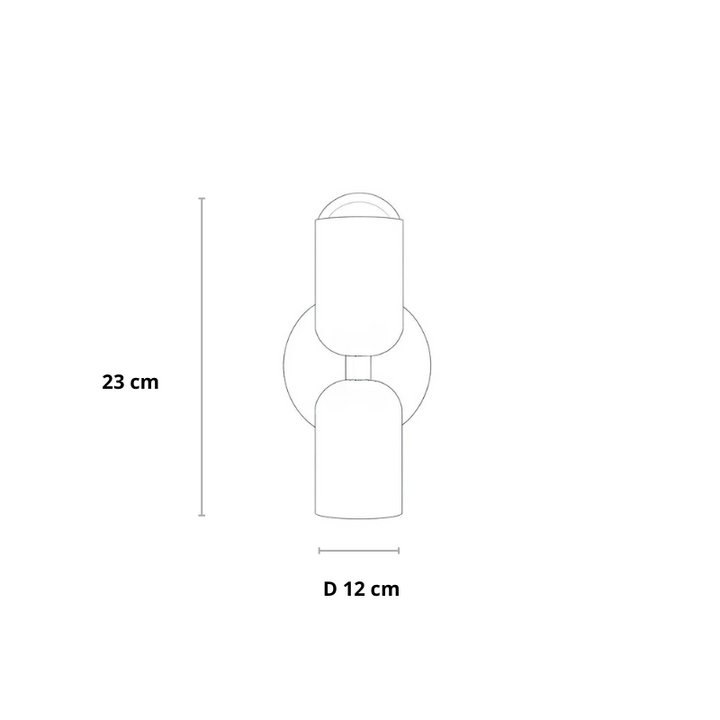 Lijntekening van de wandlamp met maataanduiding van de hoogte en de diameter. 23
