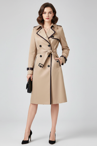 Vrouw draagt de beige trenchcoat van voren, met de ceintuur in een strik, zwarte tas en zwarte pumps. 2