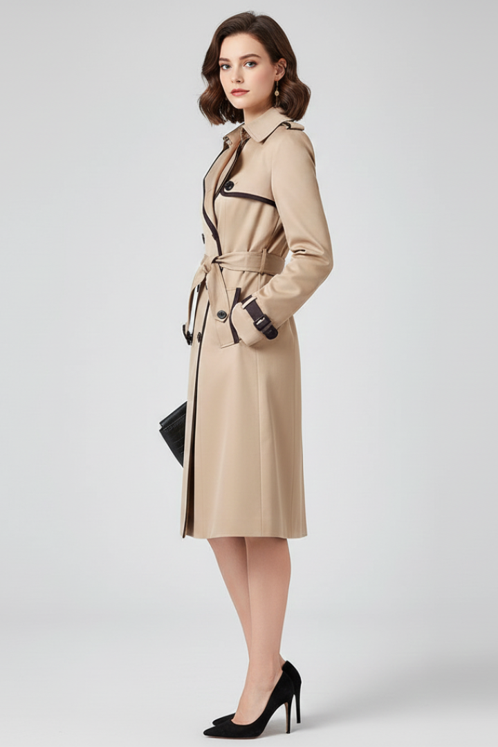 Zijaanzicht van de beige trenchcoat gedragen door een model, met ceintuur, donkere bies en een hand in de zak. 3