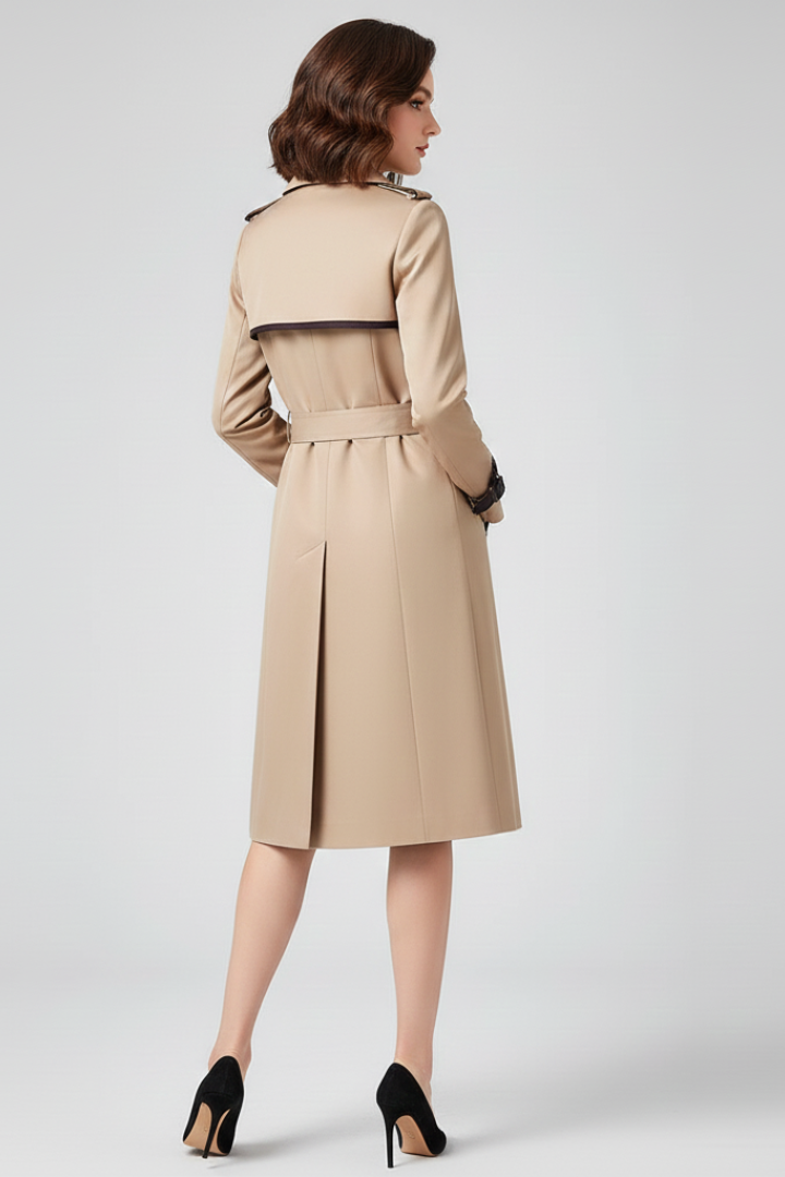 Achterkant van de beige trenchcoat op een model, met schouderstuk, ceintuur en een platte plooi in het rugpand. 4