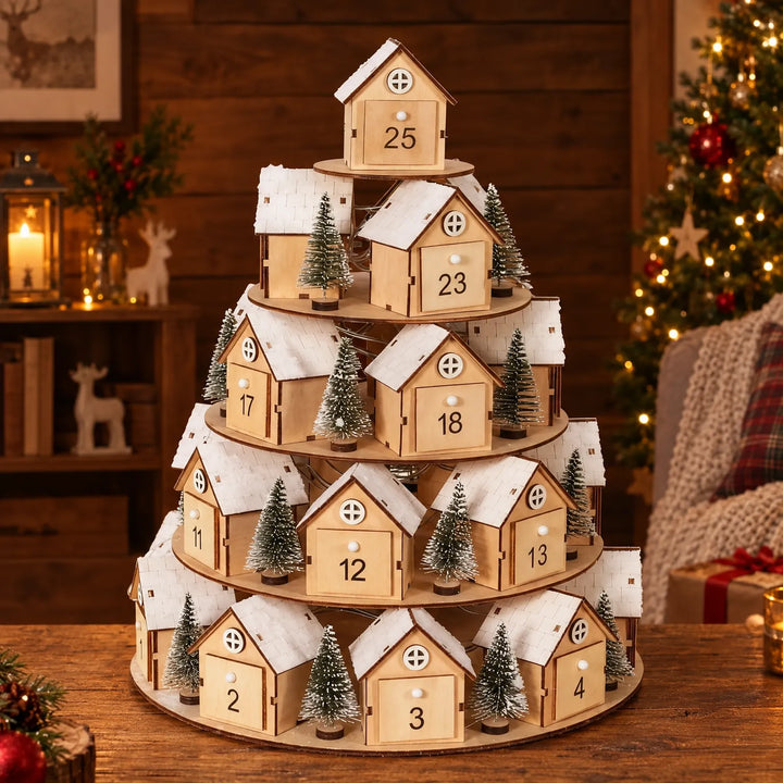 Houten adventskalender met vijf lagen huisjes met besneeuwde daken en kleine dennenboompjes, opgesteld op een tafel in een gezellige kerstkamer. 1
