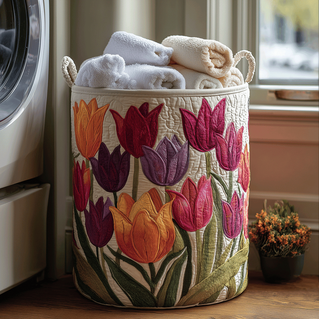 Crèmekleurige gewatteerde mand met kleurrijke tulpen, gevuld met opgerolde handdoeken naast een wasmachine 1