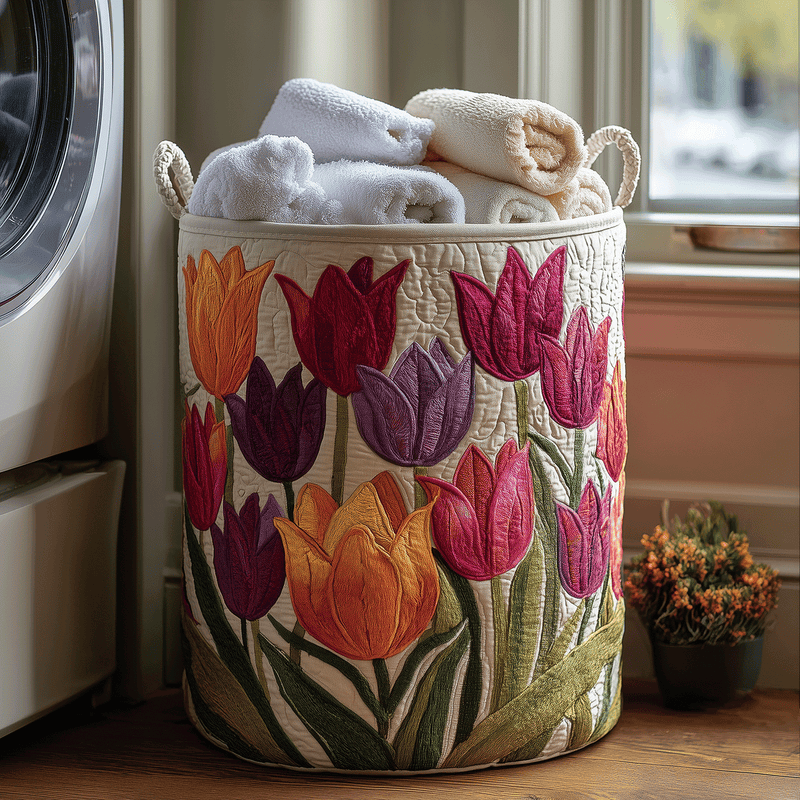 Crèmekleurige gewatteerde mand met kleurrijke tulpen, gevuld met opgerolde handdoeken naast een wasmachine 1