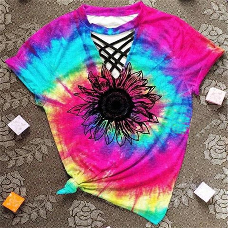 Trendy women's T-shirt with cut-out design and tie-dye pattern - Norina