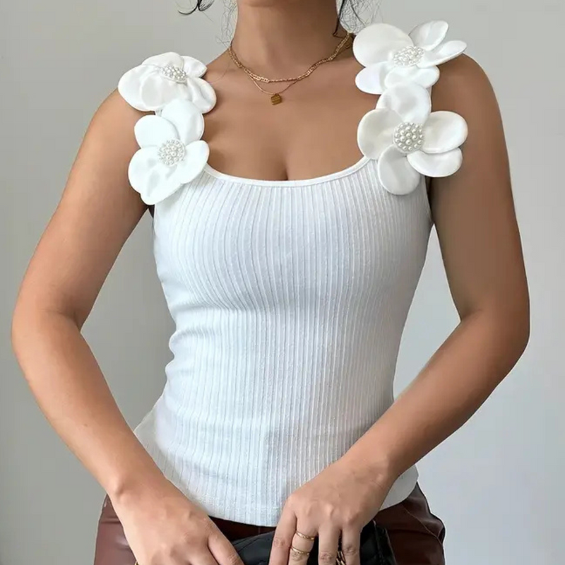 Trendy Witte Mouwloze Dames Top met Bloemdetails - Elara