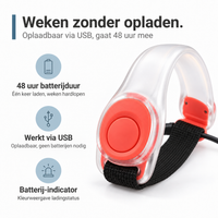 Rode armband met doorzichtige behuizing en zwarte band, aangesloten op een laadkabel 5
