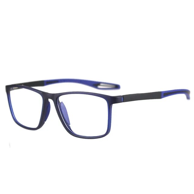 Tweede schuine opname van de bril met donkerblauw montuur en blauwe pootuiteinden 10
