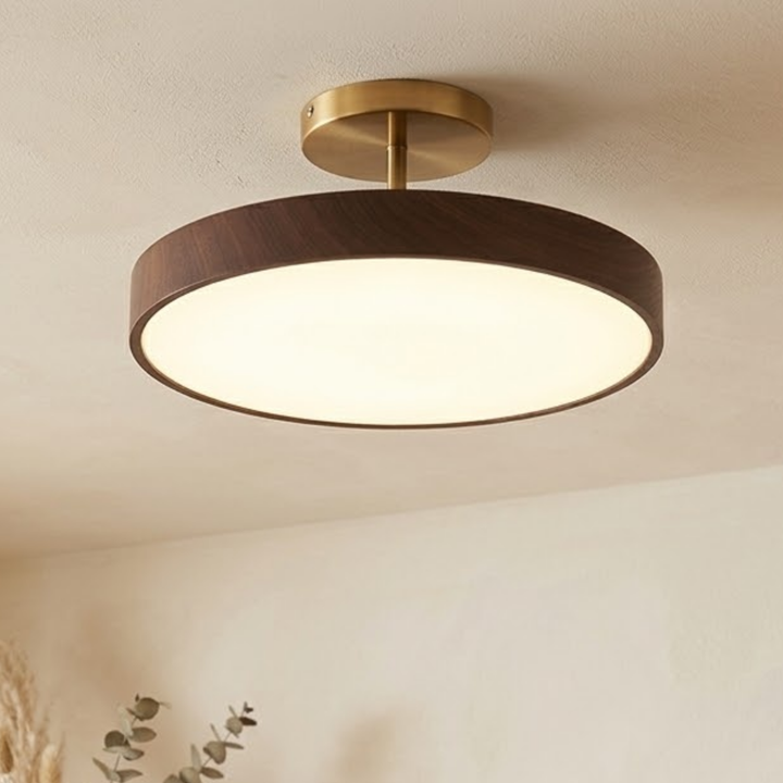 Ronde plafondlamp met donkere houtlook rand en goudkleurige steun, brandend aan een licht plafond met eucalyptustakjes eronder. 1