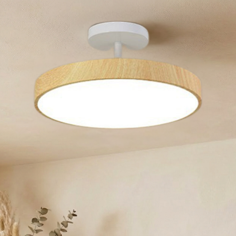 Uitvoering met lichte houtlook rand en witte ophanging, fel brandend aan een beige plafond met takjes eronder. 4