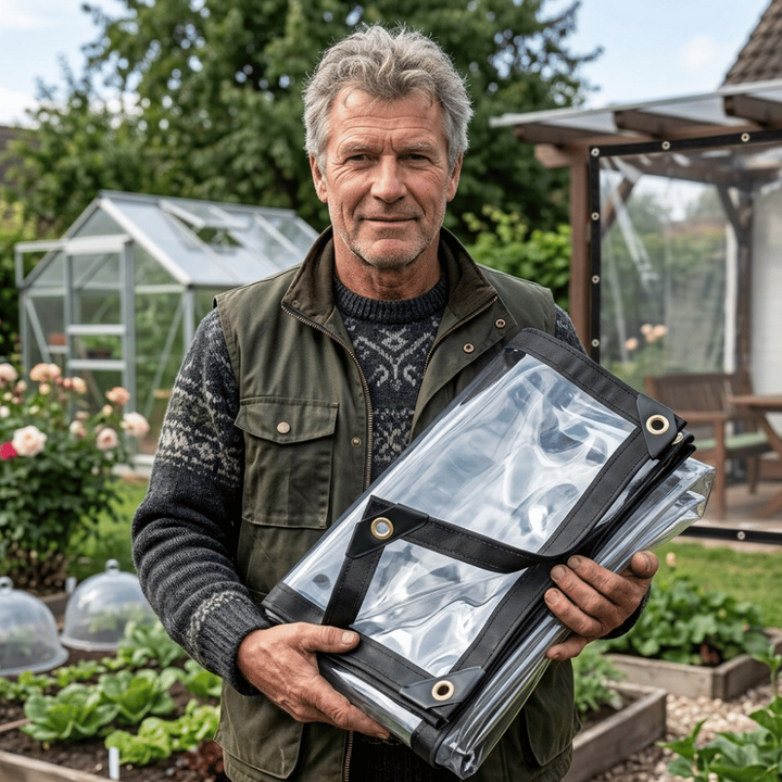 Man in groene bodywarmer houdt het opgevouwen doorzichtige zeil met zwarte rand en ringen vast, in een tuin met kas en moestuin. 1