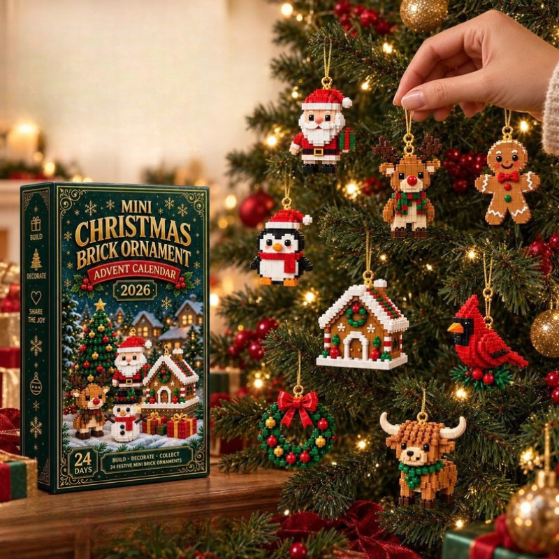 Een hand hangt een bouwsteenfiguurtje aan een verlichte kerstboom, met onder meer kerstman, rendier, pinguïn en peperkoekmannetje eraan. 3