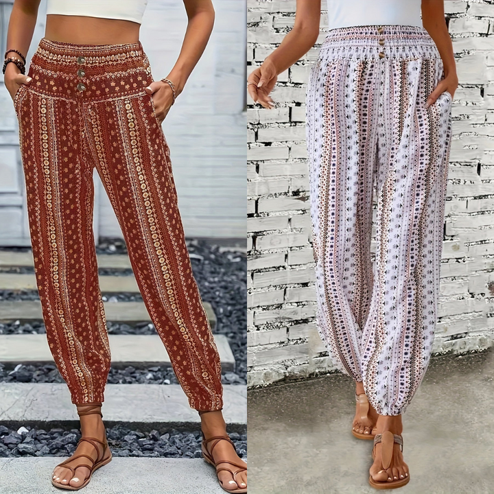 Boho-Hochbund-Damenhose mit Print & raffinierter Taille – Linara