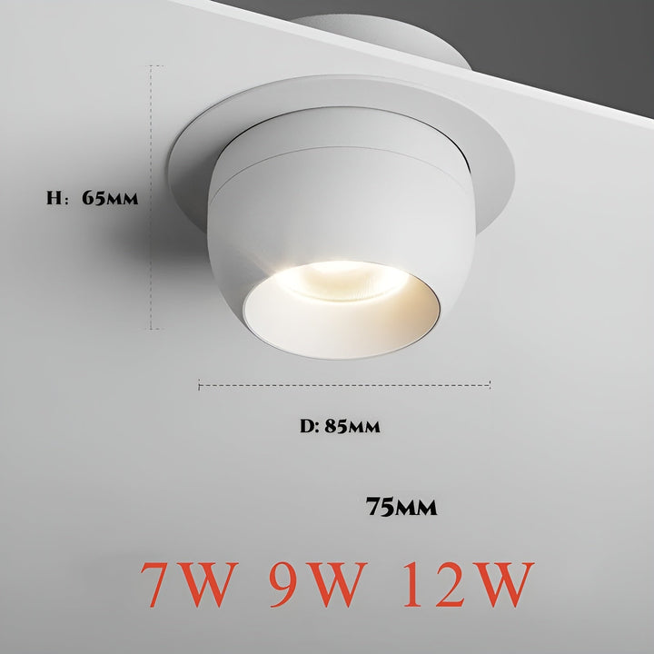 Witte inbouwspot in het plafond met maatlijnen voor hoogte en diameter en de beschikbare wattages 6