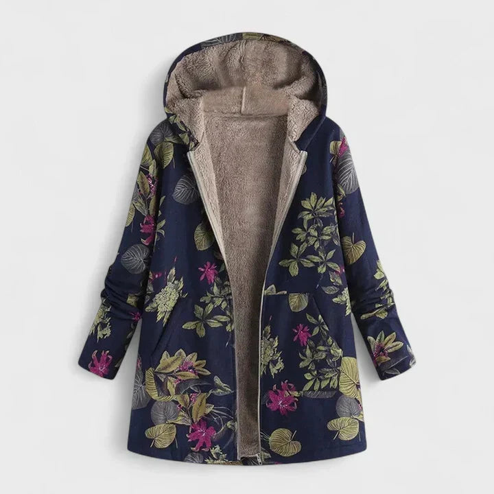 Donkerblauwe parka op hanger met groene bladeren en roze bloemen, geopend met zachte pluche voering 3