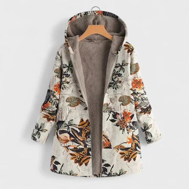 Opengeritste parka op kleerhanger met oranje en bruine bloemen op crèmekleurige stof en zachte voering 1
