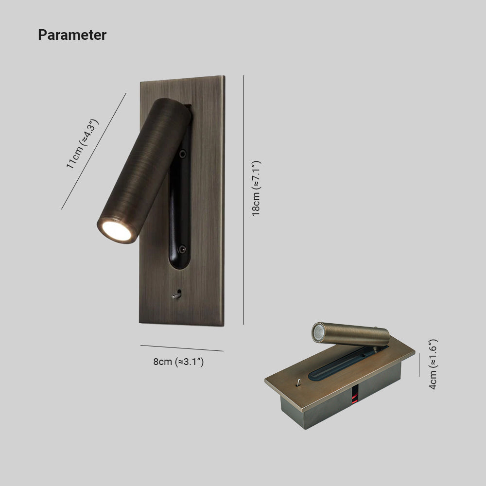 Bronskleurige wandlamp met brandende led, voorzien van een zwarte sleuf en een klein tuimelschakelaartje onderaan 4