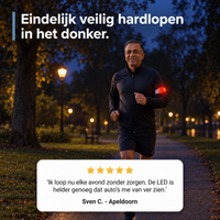 Glimlachende hardloper in een verlicht park draagt de armband met rood licht om zijn bovenarm 8
