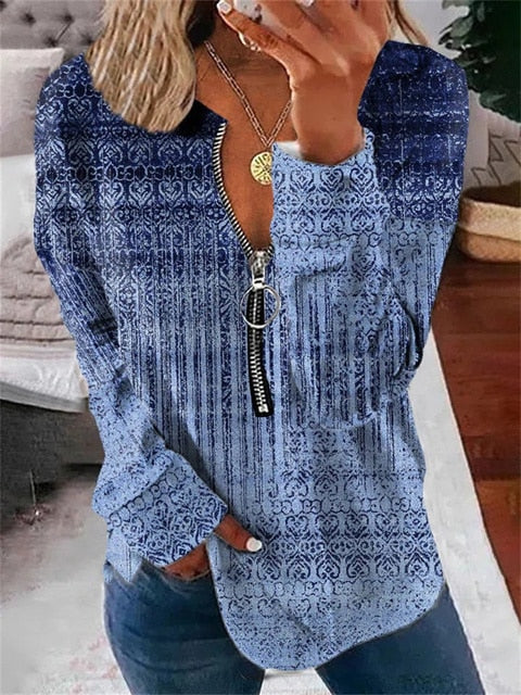 Damen-Top mit Vintage-Muster und halbem Reißverschluss – Milara