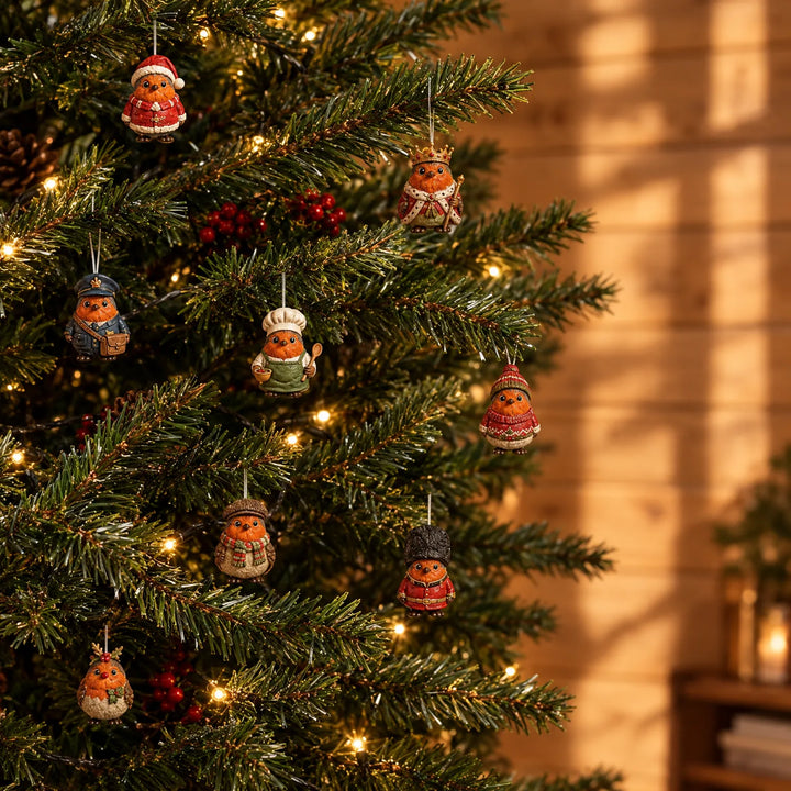 Kleine roodborstjes in verschillende kostuumpjes, zoals kerstman, kok, koning en postbode, hangen als ornamenten aan een verlichte kerstboom. 1
