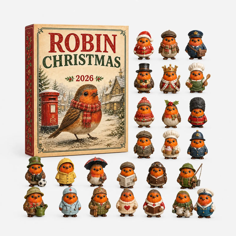 Doos met een roodborstje met sjaal in winterdorp, omringd door alle uitgepakte figuurtjes in verschillende kleurrijke outfits en beroepen. 2