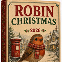 Close-up van de voorkant van de doos met vintage illustratie van een roodborstje met rode sjaal bij een brievenbus in een besneeuwd dorp. 3