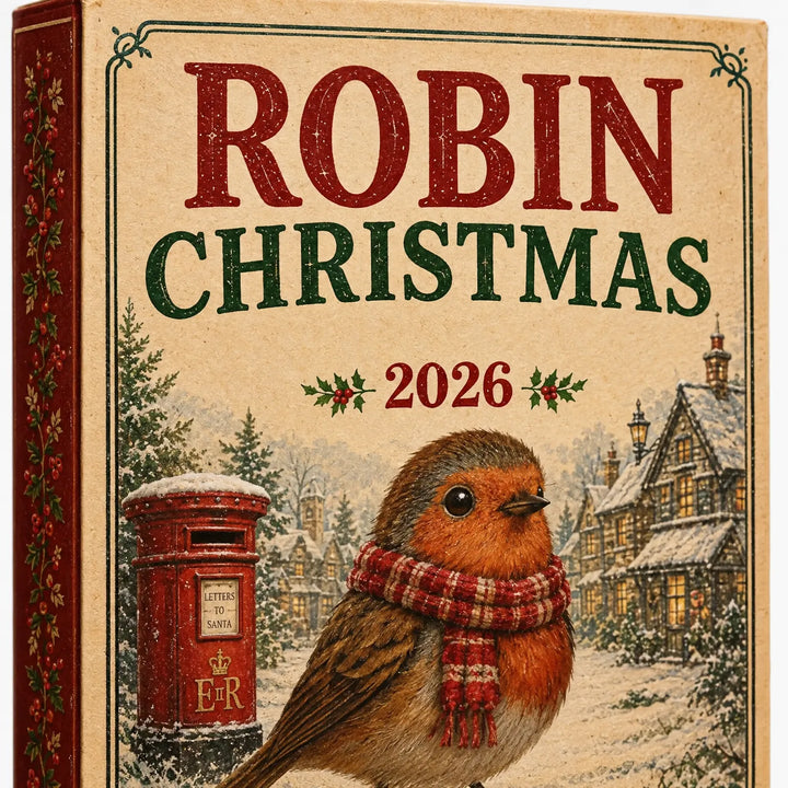 Close-up van de voorkant van de doos met vintage illustratie van een roodborstje met rode sjaal bij een brievenbus in een besneeuwd dorp. 3