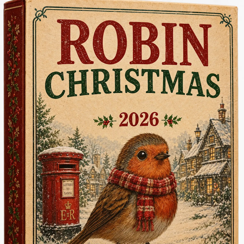 Close-up van de voorkant van de doos met vintage illustratie van een roodborstje met rode sjaal bij een brievenbus in een besneeuwd dorp. 3