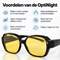 Gele nachtrijbril met zwart montuur, boven een overzicht van zes voordelen met pictogrammen over rustiger rijden en minder verblinding. 3