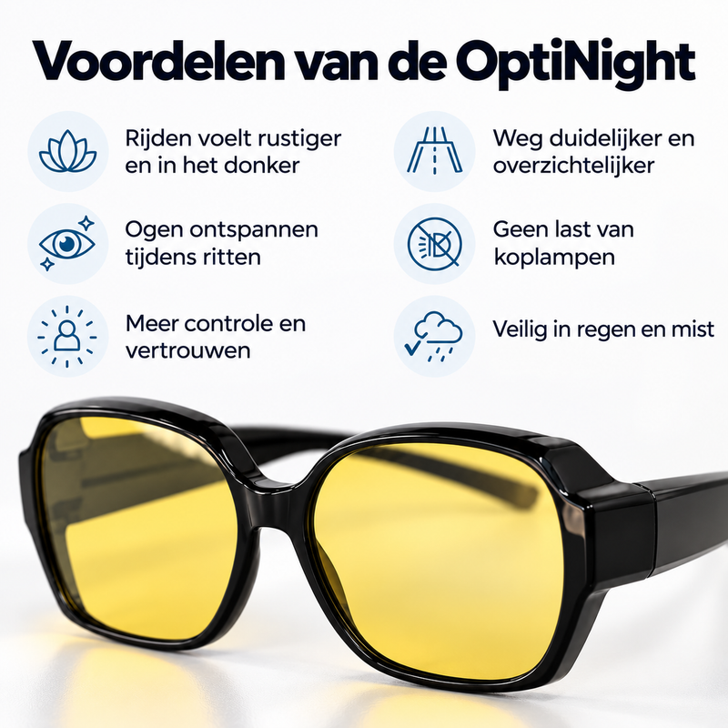 Gele nachtrijbril met zwart montuur, boven een overzicht van zes voordelen met pictogrammen over rustiger rijden en minder verblinding. 3