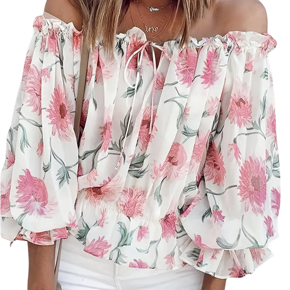Schulterfreie Blumenbluse mit Rüschen – Fayenne