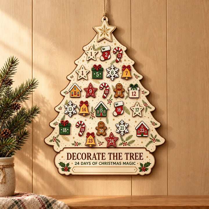 Houten kerstboomvormige adventskalender hangt aan een touwtje tegen een houten wand, met gekleurde cijferfiguurtjes, naast een dennentak in een aardewerken potj 1