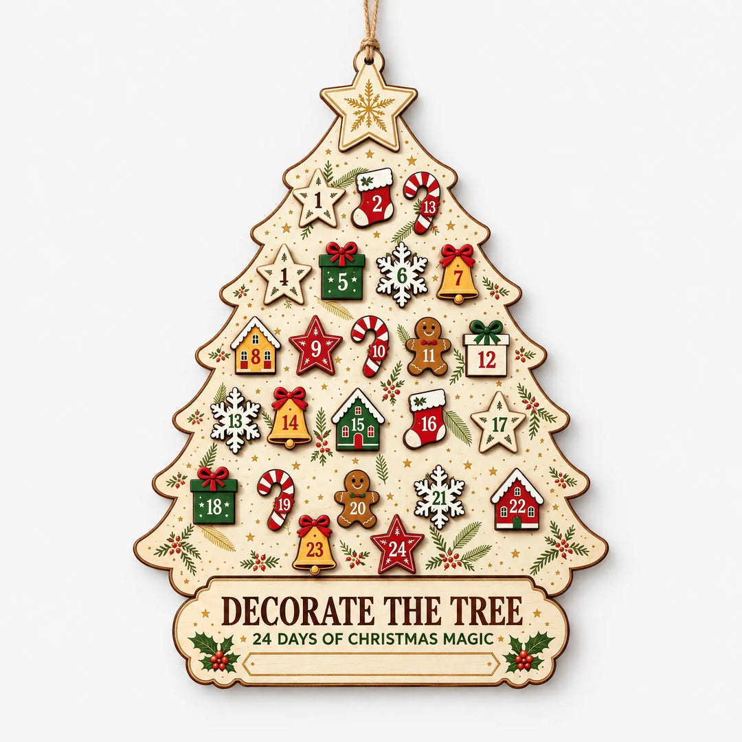 Voorkant van de houten kerstboomkalender op een witte achtergrond, met een ster bovenaan en 24 gekleurde figuurtjes met cijfers. 2