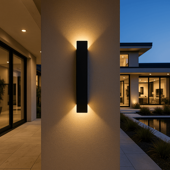Zwarte versie van de wandlamp op een gepleisterde muur bij een moderne woning, met warm licht naar boven en onderen. 2