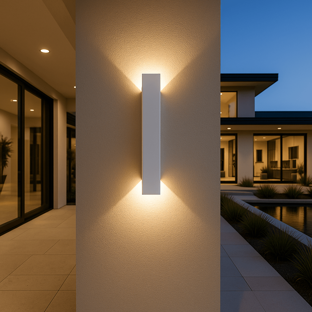 Witte langwerpige wandlamp op een gepleisterde buitenmuur in de schemering, met warm licht dat omhoog en omlaag uitwaaiert. 1