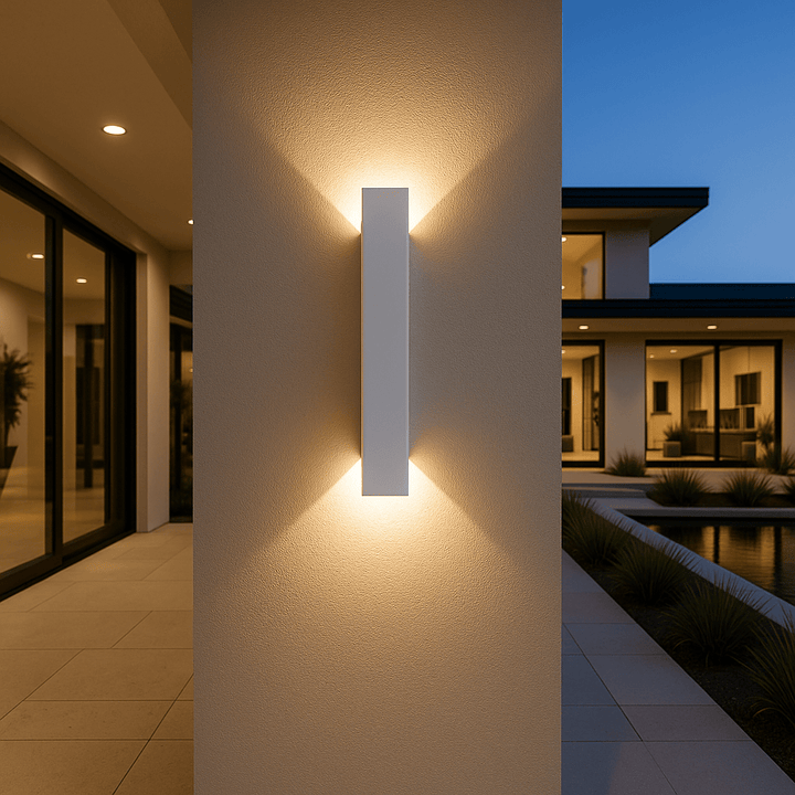 Witte langwerpige wandlamp op een gepleisterde buitenmuur in de schemering, met warm licht dat omhoog en omlaag uitwaaiert. 1