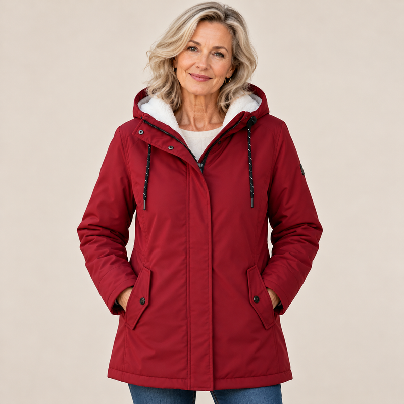 Vrouw draagt de rode parka dicht, met witte fleece in de capuchon en handen in de zakken 1