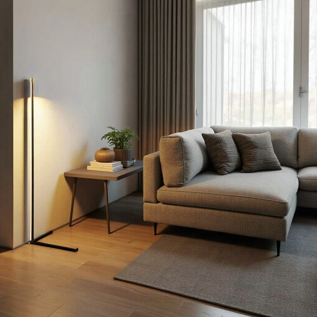 Dunne zwarte vloerlamp met zacht geel licht naast een klein tafeltje en een grijze hoekbank bij een raam 6