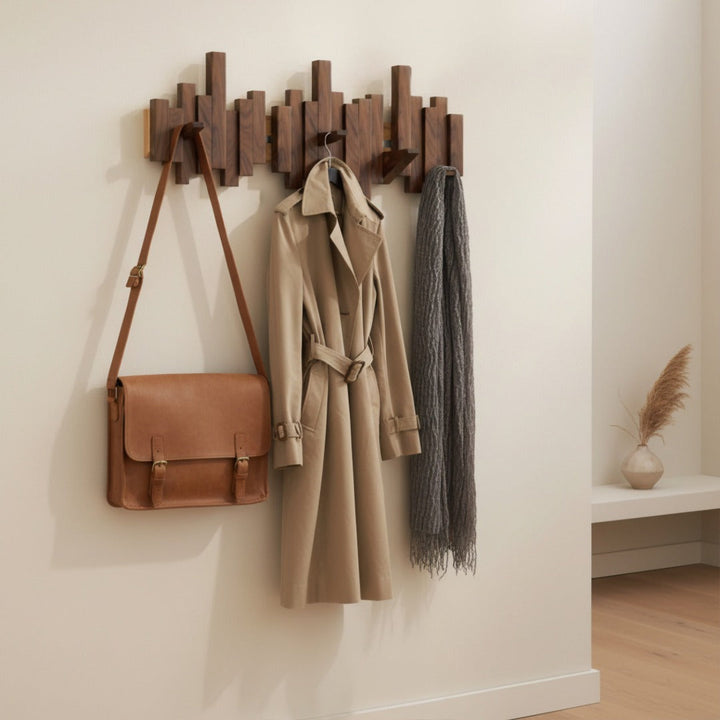 Wooden Piano Wall Coat Rack with Folding Hooks - Hall & Bedroom 7