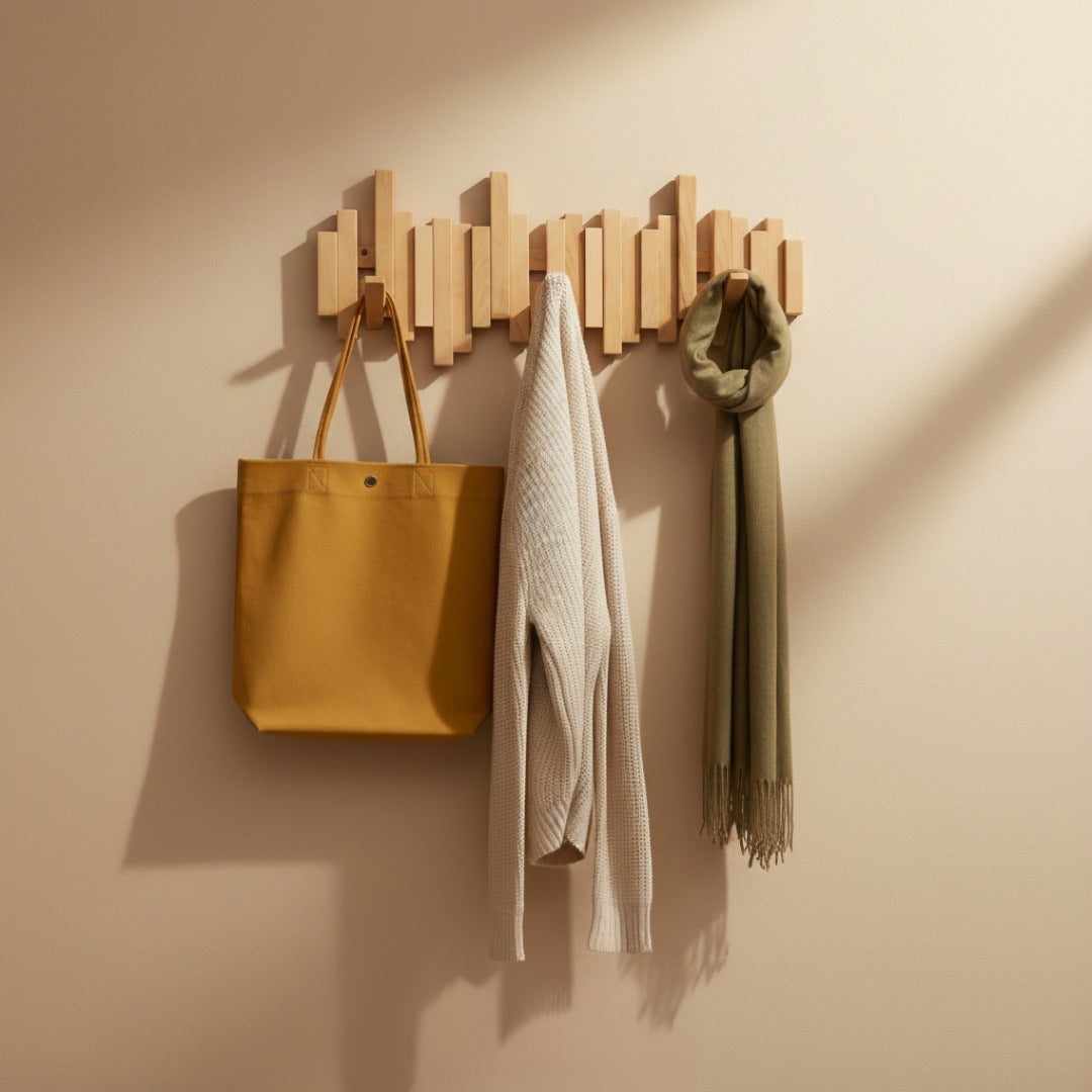 Wooden Piano Wall Coat Rack with Folding Hooks - Hall & Bedroom 1