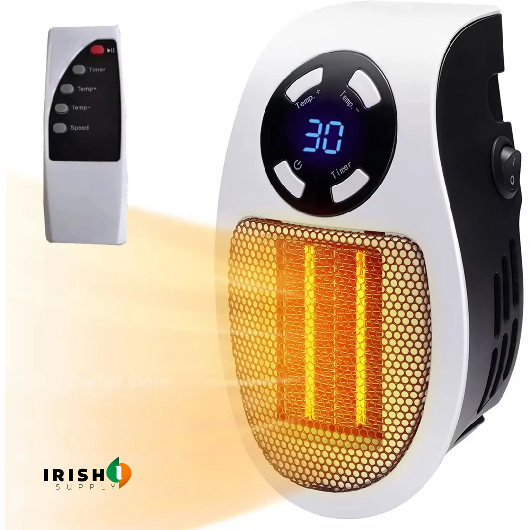 Witte verwarmer met gloeiend oranje verwarmingselement naast de losse afstandsbediening op een lichte achtergrond 10