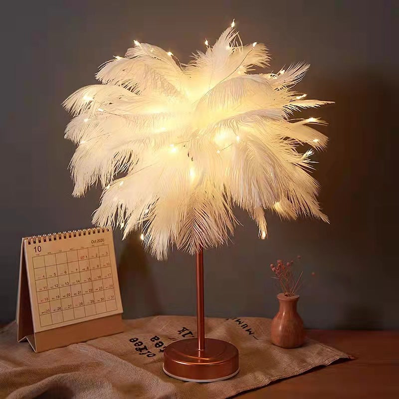 Ostrich Night Lamp | Eccentric Lamp with Feathers & Rose Gold Base