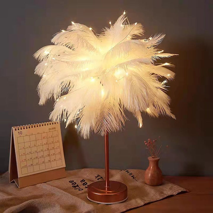 Ostrich Night Lamp | Eccentric Lamp with Feathers & Rose Gold Base