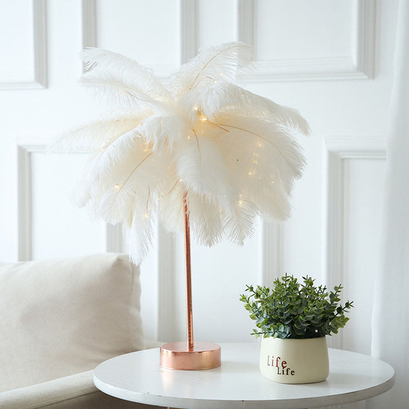 Ostrich Night Lamp | Eccentric Lamp with Feathers & Rose Gold Base