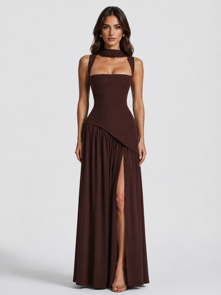 Sculpted Draped Satin-Feel Maxi Dress 1