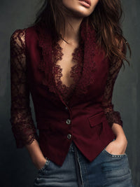 Women's Lace Trim Blazer Blouse - Smart Evening Top 2