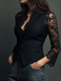 Women's Lace Trim Blazer Blouse - Smart Evening Top 8