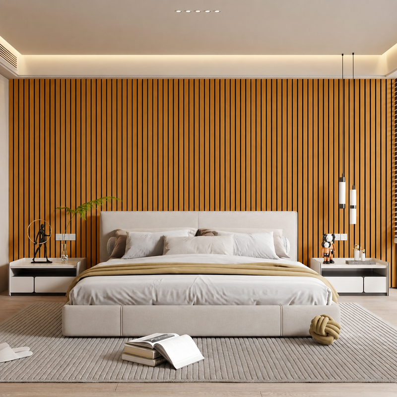 Slaapkamer met bed waarbij de achterwand is bekleed met houtkleurige latten en zwarte tussenstroken 3