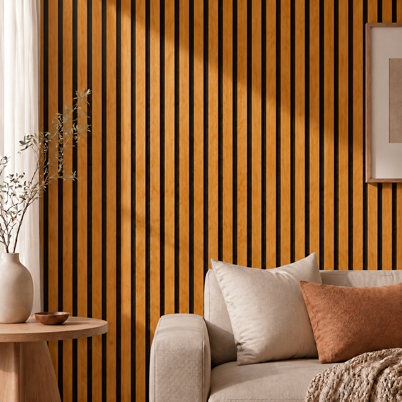 Close-up van houtkleurige latwand naast een bank met kussens, vaas met takken en bijzettafel 5