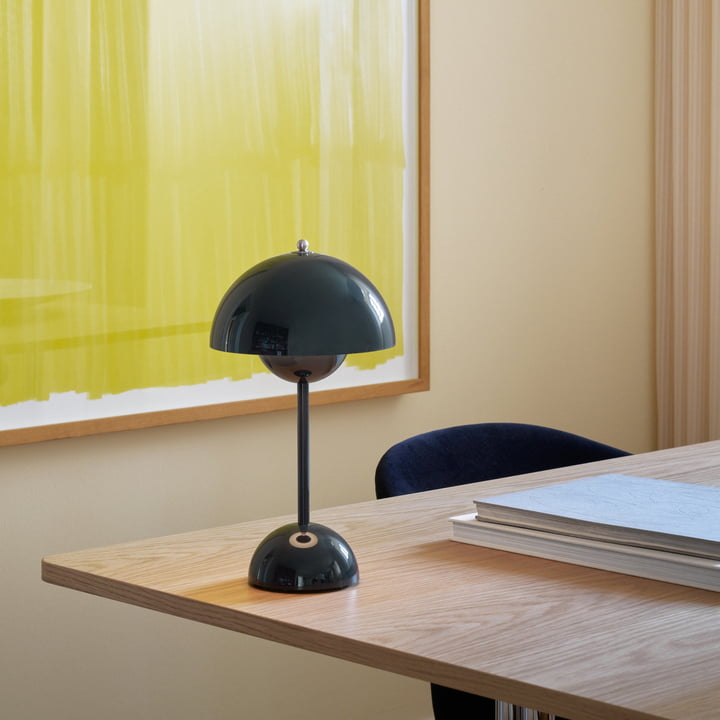 Donkergroene glanzende lamp met koepelkap op een houten bureau, voor een kader met geel schilderij 42